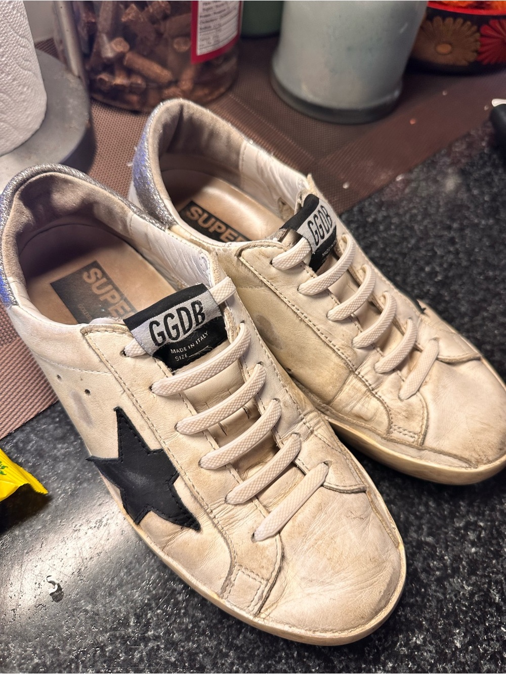 Golden Goose Cream Leather Sneakers with Black Star